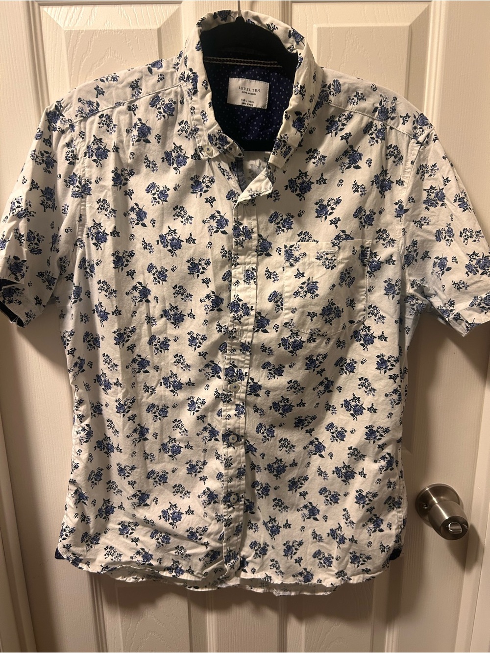 White Short-Sleeve Floral Shirt with Blue Print